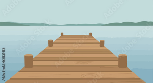 Lake pier extending over water toward distant hills. Tranquil vacation backdrop