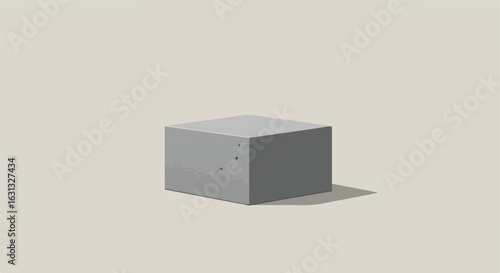 Cement cube sits alone on neutral surface. Use Product display, architecture
