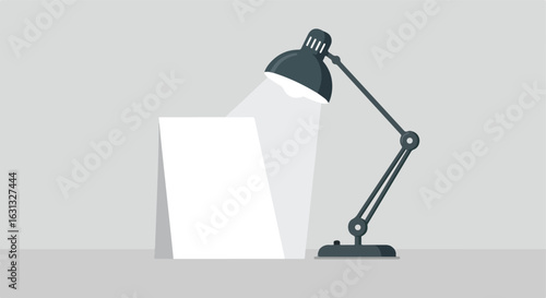 Desk lamp illuminates blank paper on table with plain background for message