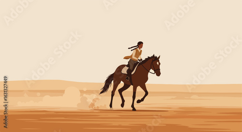 Woman riding horse, galloping in desert, clouds of dust rising behind. Illustration