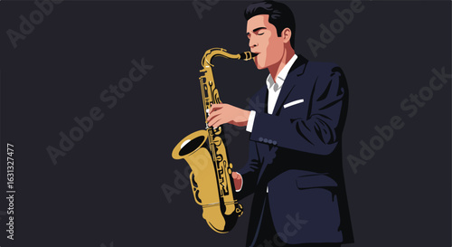 Illustrated man in suit playing a saxophone against a dark background, for advertisement