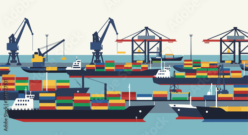Flat shipping yard illustration with cranes loading cargo on ships at the dock