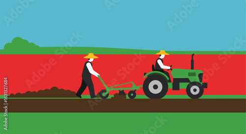 Farmers plowing field with tractor and manual plow, planting on farmland background