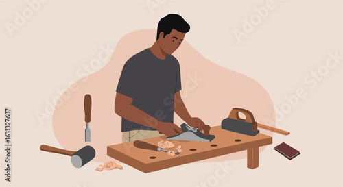 Woodworker smoothing surface with hand plane at workbench. Crafts instruction