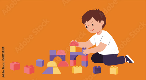 Boy playing with toy blocks on the orange floor, learning by playing, education design