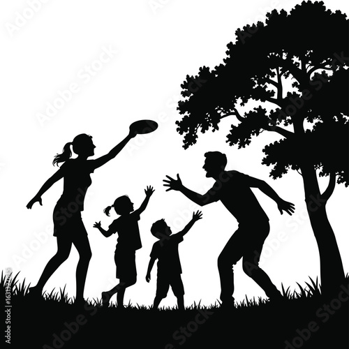 Family playing frisbee under tree outdoors