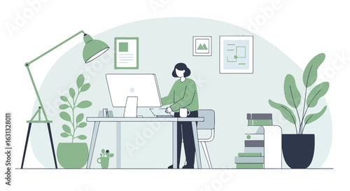 Person works at desk at home office with plants and books; for design or web