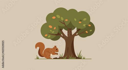 Squirrel eats nuts near tree. Cartoon scene. Use for nature-related design
