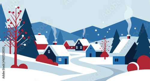 Snowy winter village landscape, houses and trees, use for Christmas illustrations