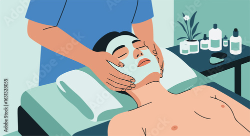 Man getting facial with mask and massage in spa as products on table in background