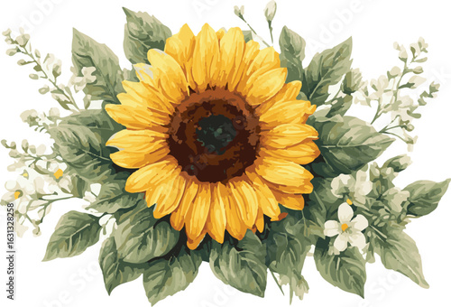 Vibrant sunflower and white flowers arrangement silhouette isolated on white background