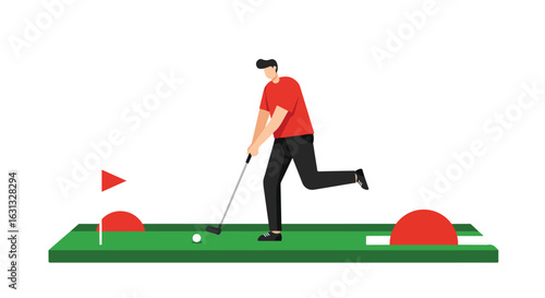 Person putting on mini golf course.  Obstacles in the background. Sport concept