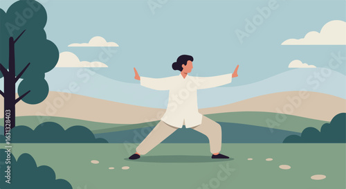 Person practicing Tai Chi in nature; for a calm, peaceful, wellness background