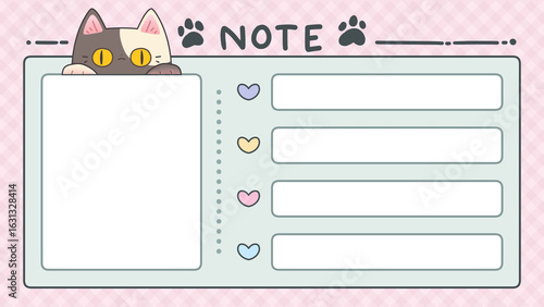 Cute template, pastel colored note paper decorated with cats and hearts.