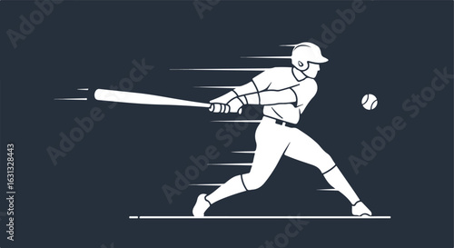 Silhouette of batter hitting ball, motion lines, dark background; sports use
