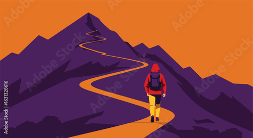 Hiker walking path on mountain with peaks under an orange sky for travel concept