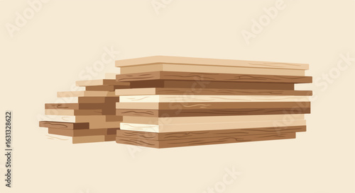 Stacked wood planks for craft projects in a studio. Background beige