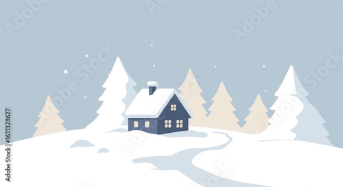 Cozy house in snowy woods landscape, background for winter greeting card design