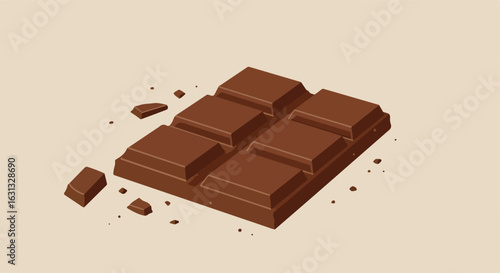 Split chocolate bar on beige background with crumbs.  For dessert menu, snack