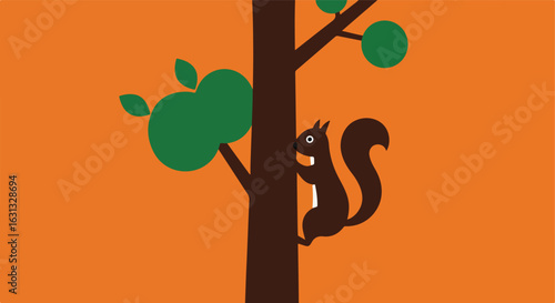 Squirrel climbs tree for apple against solid background for kids illustration