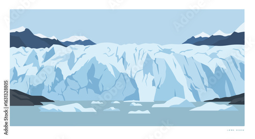 Glacier calving into water, mountains stand at back, nature background, use travel
