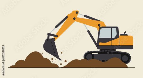 Digger scooping earth at site, neutral backdrop, ideal for construction ads