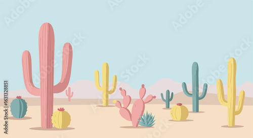 Pastel Cacti in desert landscape background illustration for wall art or invitation