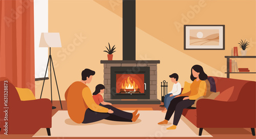 Family sits together by fireplace, in living room; illustration use for article