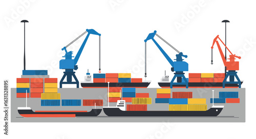 Crane loads containers onto ships at a port with lights in the background
