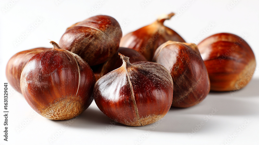 Obraz premium Chestnuts on white background, showcasing their glossy brown shells