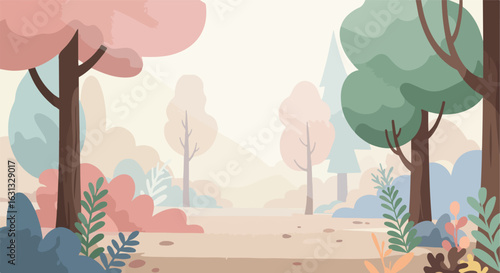 Scenic illustration; dreamy trees & bushes, background is misty forest. Web use