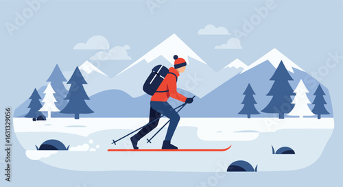 Person cross country skiing in snowy field with mountains and trees background