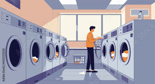 Man loads laundry in machines at laundromat, liquid dispenser on counter