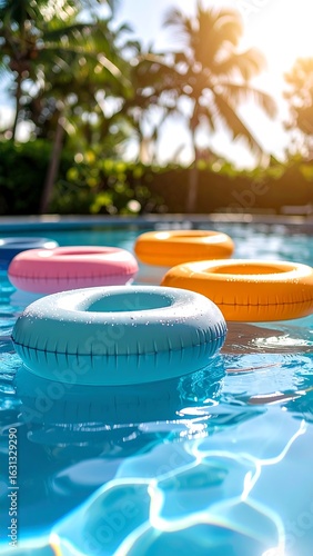 Colorful inflatable rings float in a sparkling blue pool, sunlight gleaming on the water's surface