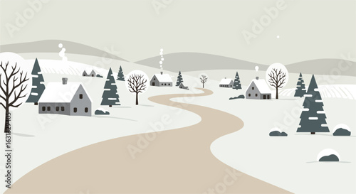 Isolated winter homes with snowy trees and chimney smoke on the background