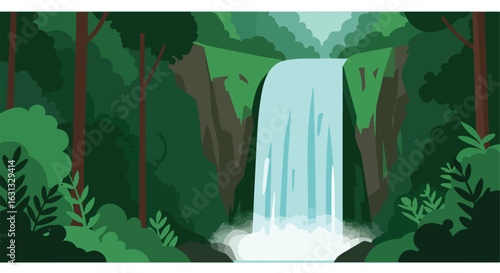Scenic Jungle Waterfall Water plunges into the pool with a lush forest background