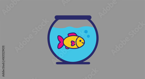 Goldfish swims with bubbles inside fishbowl on gray background for kid's book