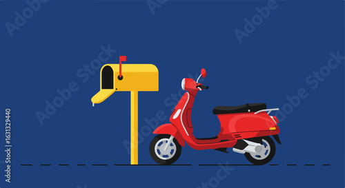 Red scooter parks on street by mailbox; home services, communication concept