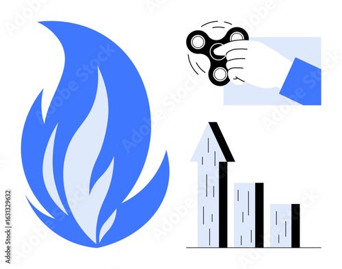 Blue abstract flame, hand spinning fidget spinner, and ascending bar graph visuals. Ideal for innovation, creativity, productivity, inspiration, motivation, progress simple landing page