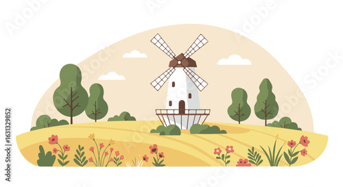 Idyllic windmill scene on a grassy field with flowers and trees against a cloudy sky
