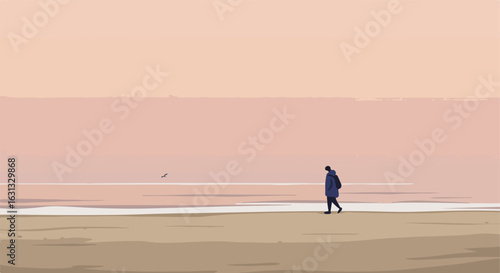 Solitary figure strolls along beach as seabird flies past at dawn. Illustration