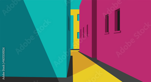 Colorful buildings create a narrow, geometric alleyway for use in backgrounds