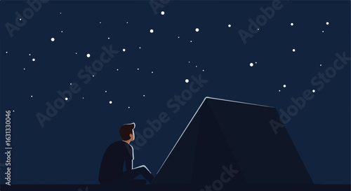 Man sits by tent, looking at a starry night sky. Outdoors adventure graphic