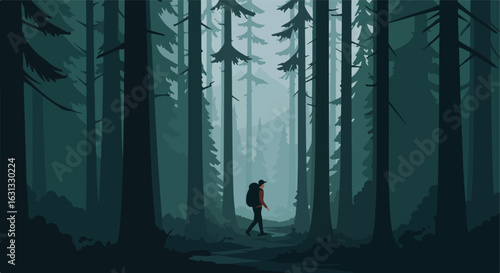 Hiker walks alone in tall, dark forest with mountains in distance for recreation use
