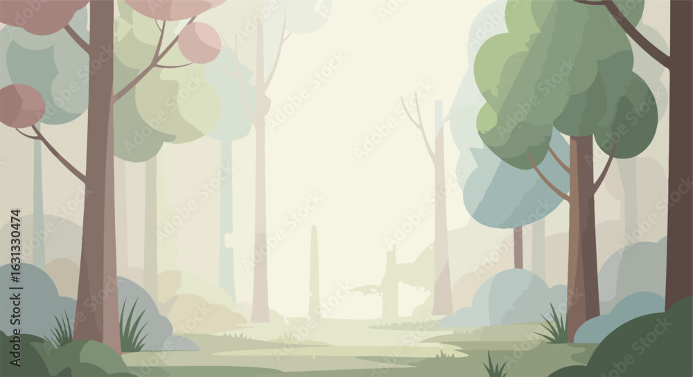 Obraz premium Forest with obscured trees and bushes for story, game background, art