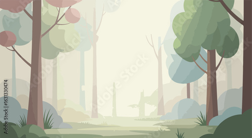 Forest with obscured trees and bushes for story, game background, art