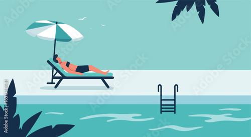 Woman relaxes on lounger by pool, palm trees, birds in the sky. Summer vacation graphic