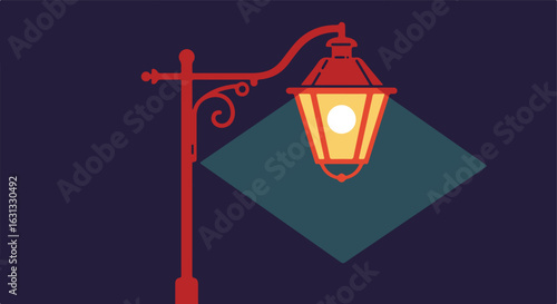 Illuminated streetlamp in night scene, casting light, set against a dark background