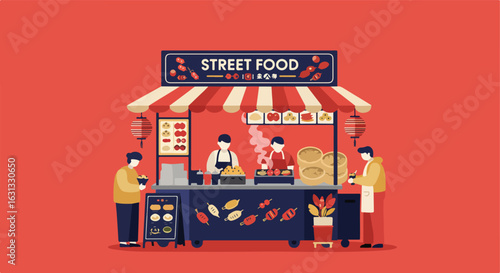 Flat Illustration People Buying Snacks From A Street Food Cart With Lanterns