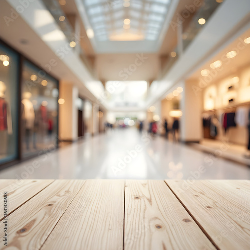 Wallpaper Mural Blurred view of a shopping mall with a wooden surface in front Torontodigital.ca